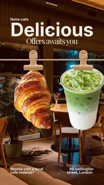 cafe menu, bakery drinks, croissant coffee, matcha latte, cafe pastries, iced matcha drink, cafe beverages, brand awareness, sale promotion, lifestyle, modern typography, warm, playful, brown, green, neutral